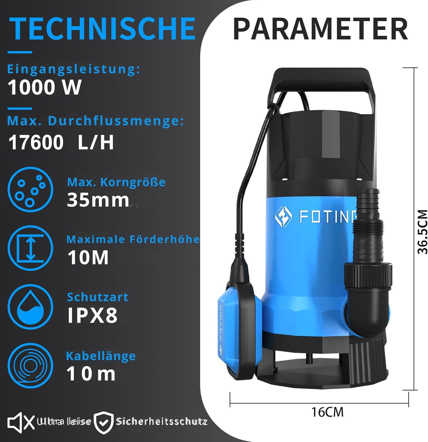 FOTING Schmutzwassertauchpumpe 1000 W, 17600 l/h, Förderhöhe max. 11 m, Eintauchtiefe max. 7 m, Schwimmerschalter, für Pool, Keller und Gartenteich 2
