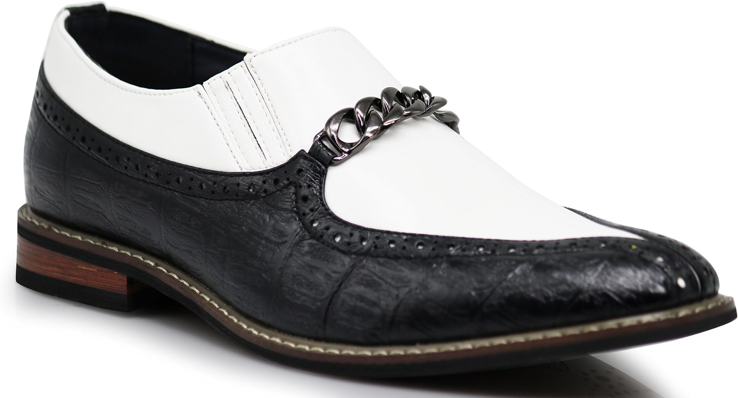 CRD3 Men's Two Tone Spade Heart Toe Chain Buckle Slip On Loafers Oxfords Perforated Dress Shoes
