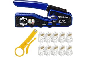 PETECHTOOL RJ45 Crimp Tool Kit Ethernet Crimping Tool Wire Crimper Stripper Cutter for Cat5e Cat6 Cat6a Pass Thrugh Connectors with 10 pieces Cat6 Connectors and 1 piece mini wire stripper