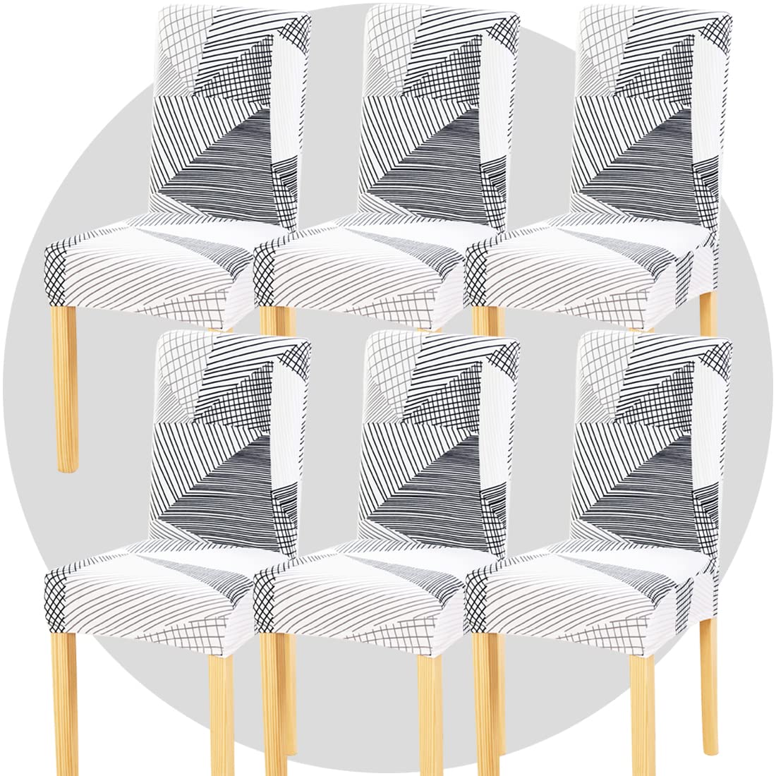 TOMMO Dining Room Chair Covers Set of 6, Stretch Removable Washable Spandex Dining Chair Slipcovers Protectors, Kitchen Chair Covers for Dining Room Party Hotel Ceremony Banquet(White Geometry)