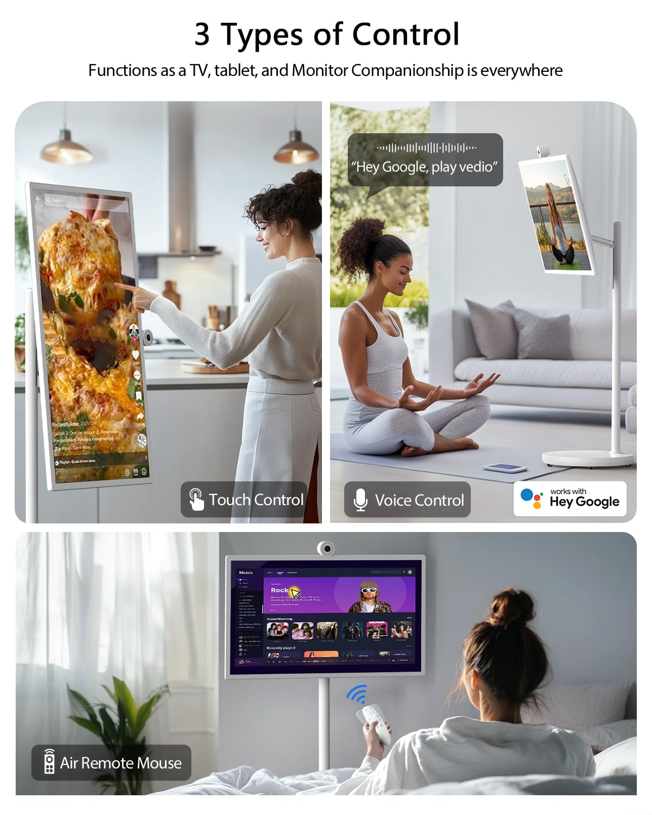 GFF 32-Inch Portable Smart TV on Wheels, Rolling TV with Touch Screen Monitor, 8G RAM +128G Storage, Android 13 OS, Built in Google Assistant, 2K Webcam, Full Swivel Rotation, Remote Control