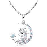 Gemschest Unicorns Gifts for Girls Necklace: 925 Sterling Silver Crescent Moon Star Unicorn Necklace Cubic Zirconia Unicorn Little Girl Jewelry for Teen Girls & Women Dainty 18" Chain, Colorful