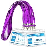 Lanyard with ID Holder 50 Pcs Waterproof Name Tag Badge ID Card Holders ID Pass Holder and 50 Pcs Flat Neck Lanyards Swivel Hook (Purple, Horizontal)