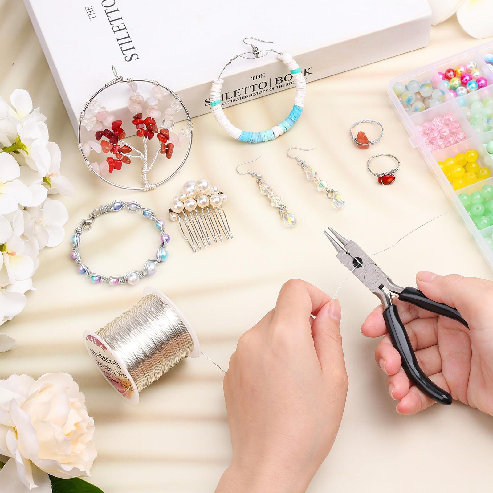 Modacraft 24 Gauge Wire for Jewelry Making with 4-in-1 Pilers, 213.3 FT/0.5 mm Craft Wire Tarnish Resistant Copper Beading Wire for Jewelry Making Supplies and Crafting (Silver)