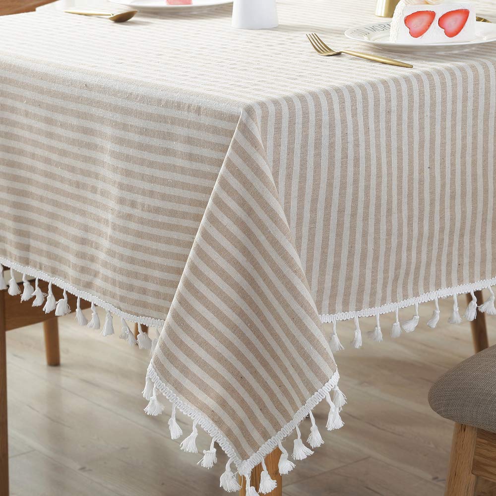 Plenmor Table Cloth Rectangle Stripe Tassels Tablecloth Rectangular Dust-Proof Cotton Table Cover for Kitchen Dinning Tabletop Decoration (140cm x 180cm, Beige)