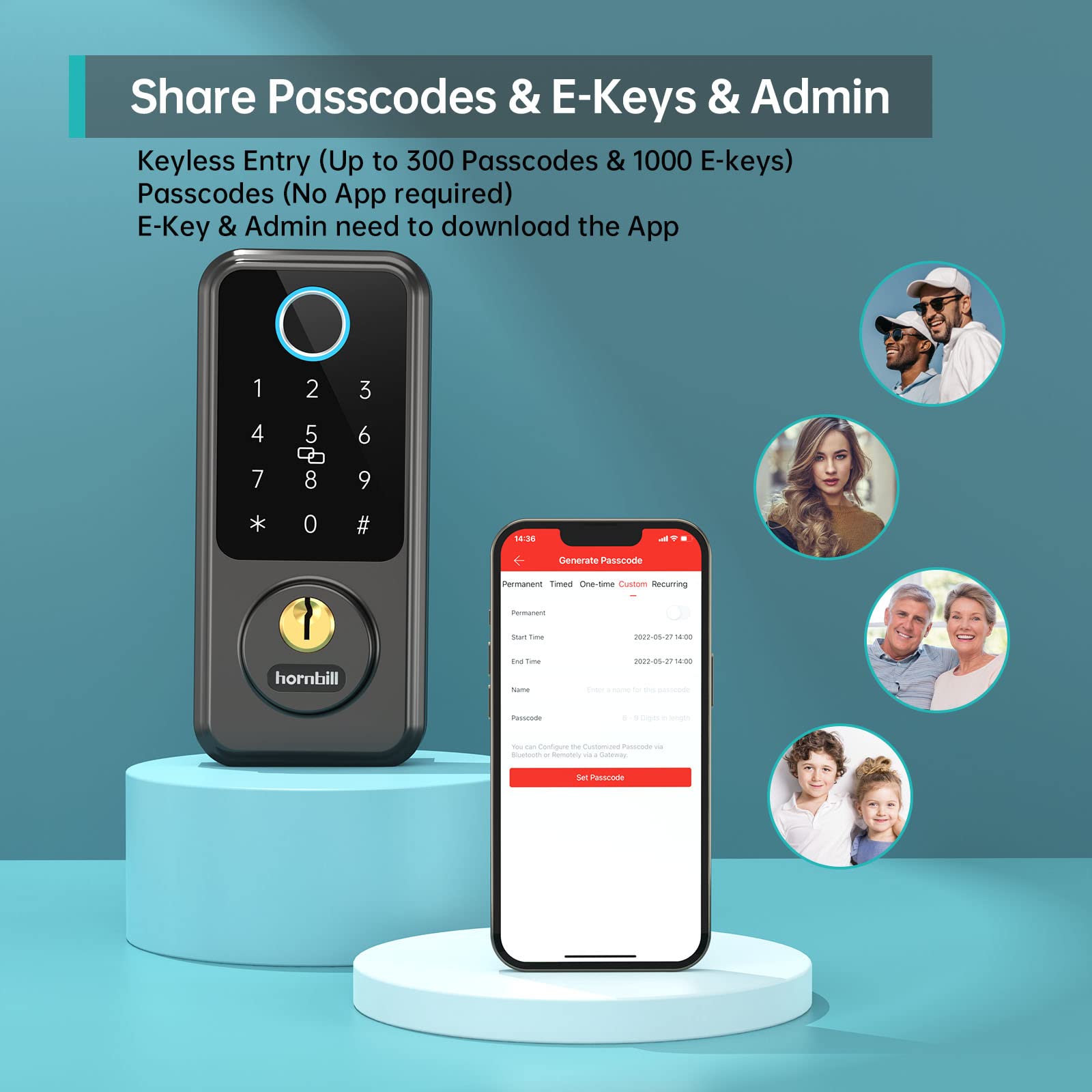 Hornbill Smart Lock Front Door - Keyless Entry Door Lock with Handle Set, Smart Deadbolt for Front Door, Bluetooth Fingerprint Biometric Auto Lock for New House, Airbnb, Office, Appartment