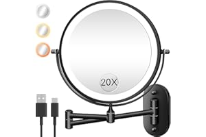 VPU Wall Mounted Makeup Mirror with Light, 20X/1X 8'' Double Sided LED Magnifying Bathroom Lighted Vanity Mirror with Magnification, 3 Color Light up Touch Dimmable Extended Arm 360 Rotation