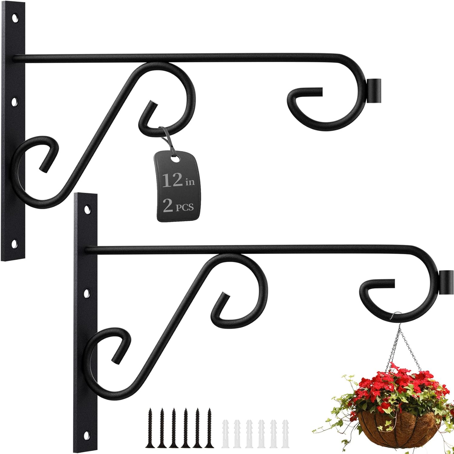 Outdoor Hanging Brackets - ASZUNE Plant Hanger 12inches Iron Bracket Hooks for Wall Hanging Wind Chimes Lanterns,Bird Feeder Flower Basket Home Decor Indoor & Outdoor 2 Pack Black