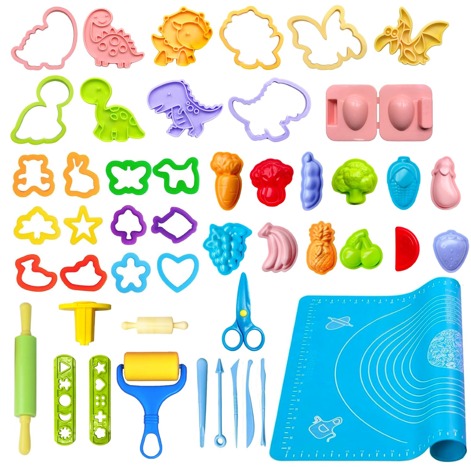 VAIYNWOM Dough Tools and Cutters, 47 Pieces Modelling Clay Accessories Rolling Pin Scissors, Molds for Making Dinosaur Fruits & Vegtables, with Kneading Mat & Storage Bag, Style B