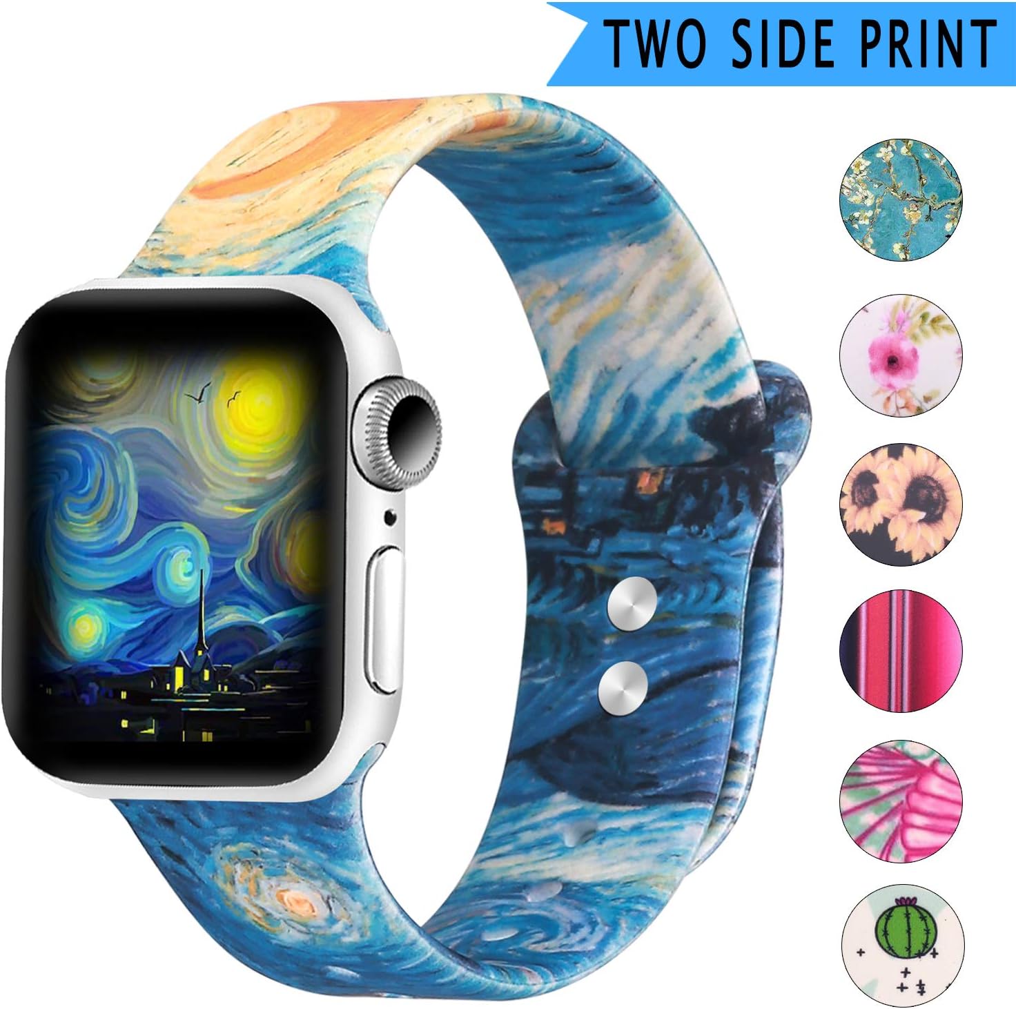 Bertiveny Women Silicone Compatible with Apple Watch Band Series 5 4 3 2 1 Rubber Band for Apple Watch 38mm 40mm 42mm 44mm Floral Pattern Wristband Double Side (Van Gogh Starry Night, 42MM/44MM-S/M)