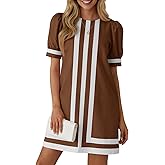 Wenrine Womens Puff Short Sleeve Mini Dress Summer Crewneck Striped Color Block Loose Casual Shift Dresses with Pockets