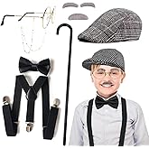 Falinpitos Old Man Costume for 100 Days of School Cosplay Grandpa Costume - 1920s Halloween Outfit Old People Clothing Fake Cane