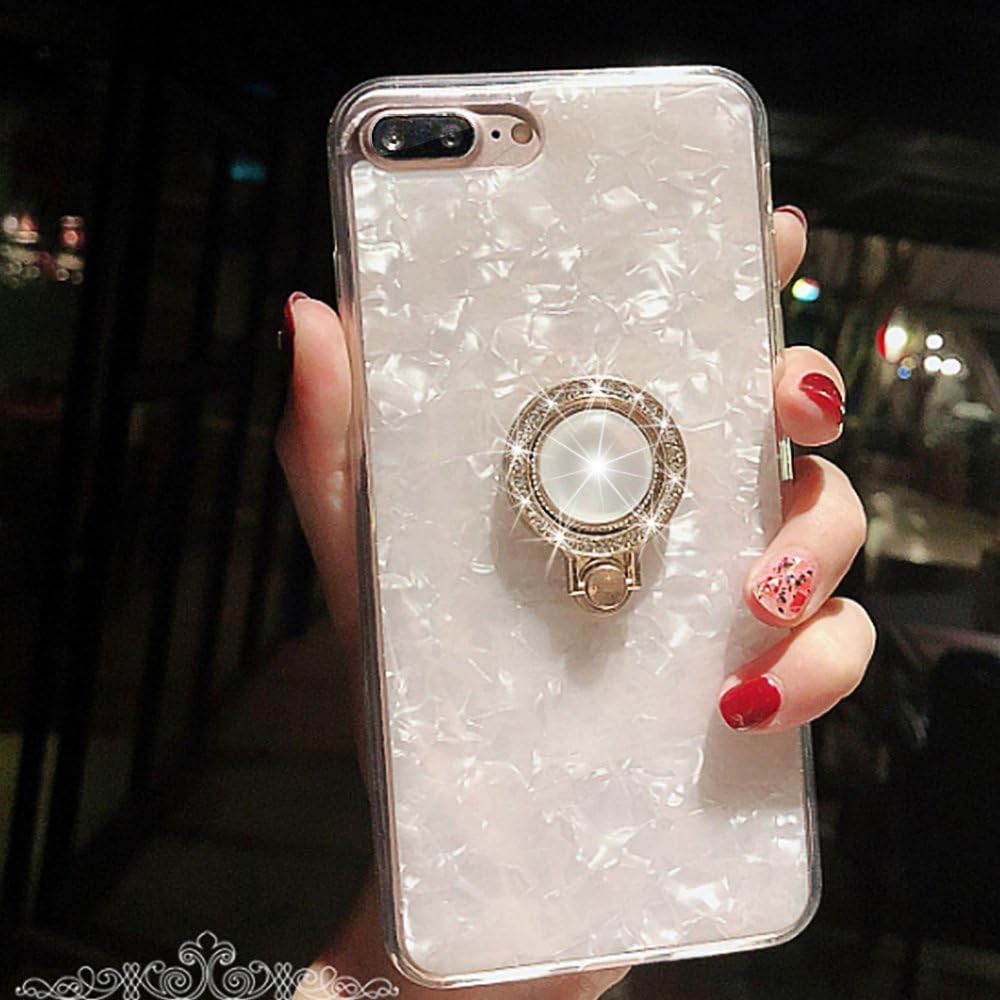 iPhone SE 2020 Case,iPhone 8 Case,iPhone 7 Case, Seashell Pattern Soft TPU Shock-Absorption Crystal Bumper Case with Bling Diamond 360 Degree Rotating Ring Grip Holder Kickstand for iPhone 8/7(White)