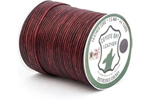 Coyote Bay® Leather Cord in Distressed Cherry Color, 44 Yards Length, 1.5mm and 2mm Thickness, 100% Genuine Buffalo Leather, for Jewelry Making, Crafts, and Hobby Projects (Distressed Cherry, 1.5 mm)