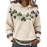 Naxsuia Women's St. Patrick's Day Clover Print Hoodie Waffle Knit 3D Shamrock Art Pullover Cozy Long Sleeve Sweatshirt