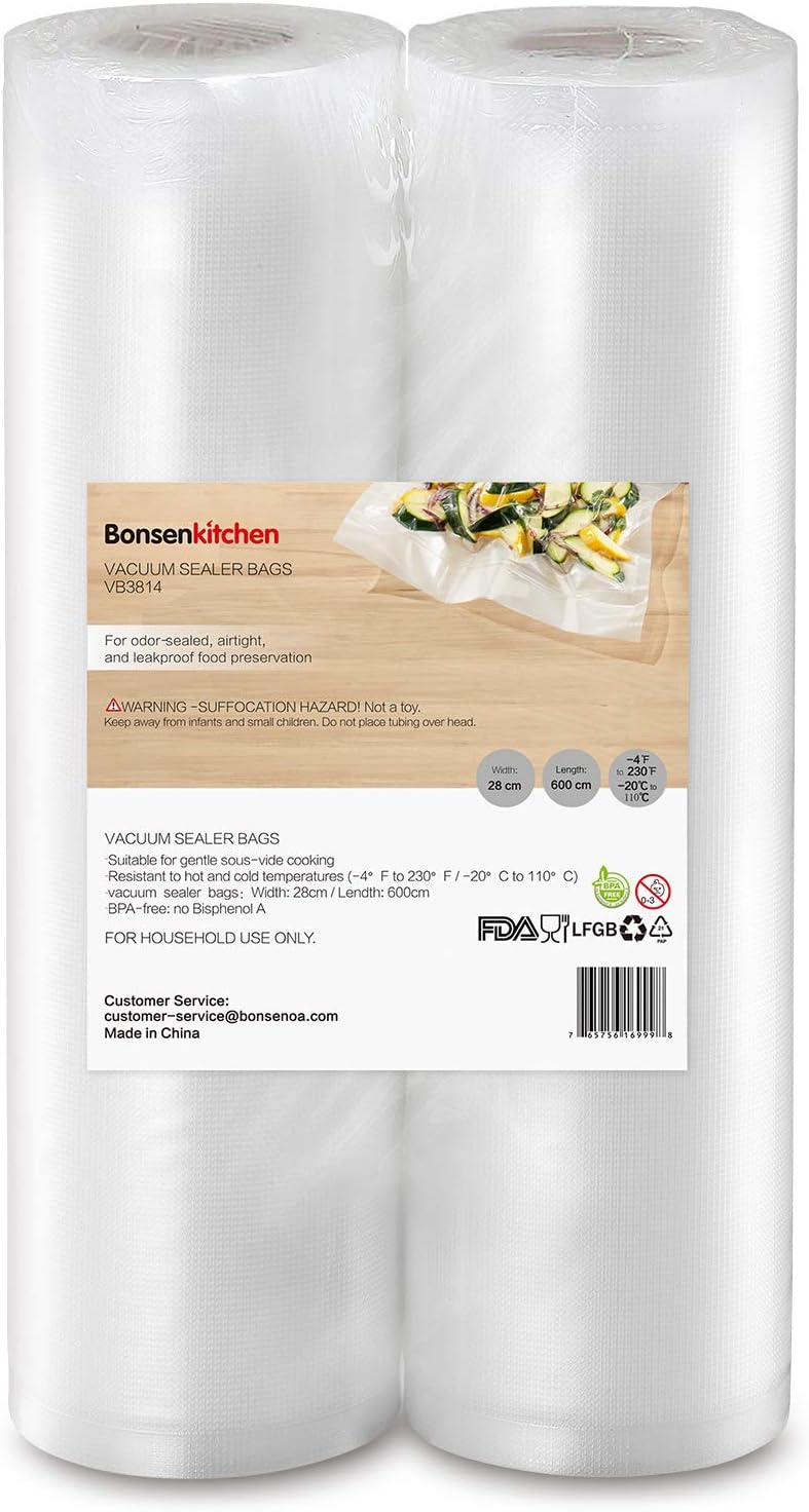 Bonsenkitchen Rollos al Vacio para Envasadora al Vacío, 2 Rollos 28 x 600cm Bolsas de Vacio Gofradas para Conservación de Alimentos y Sous Vide Cocina, Boilable y sin BPA - VB3814
