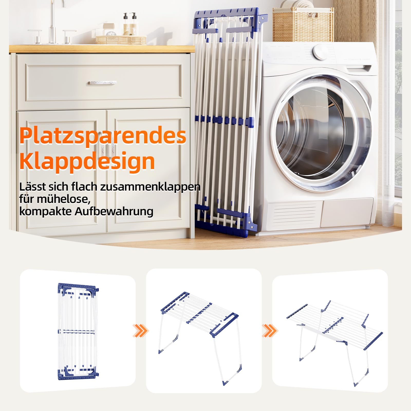 KINGBOARD Wäscheständer klappbar ausziehbar, Flügelwäscheständer 57 x 162 x 86 cm, Stabiler Standtrockner mit rutschfesten Füßen für Innen und Außen, Weiß 2