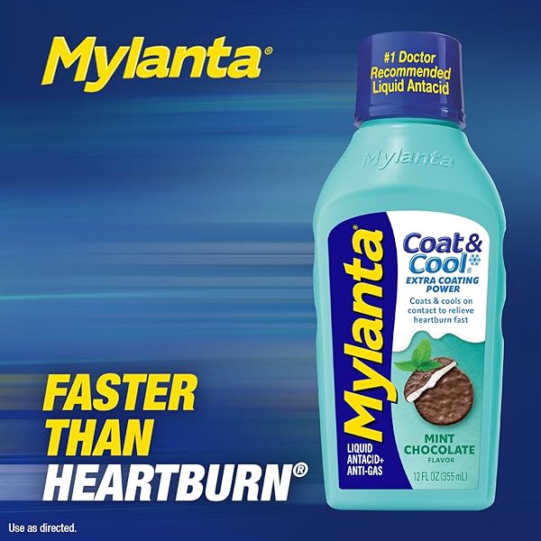 MYLANTA HEARTBURN AND GAS RELIEF, LIQUID ANTACID, COAT & COOL FORMULA, MINT CHOCOLATE FLAVOR, 12 FL OZ