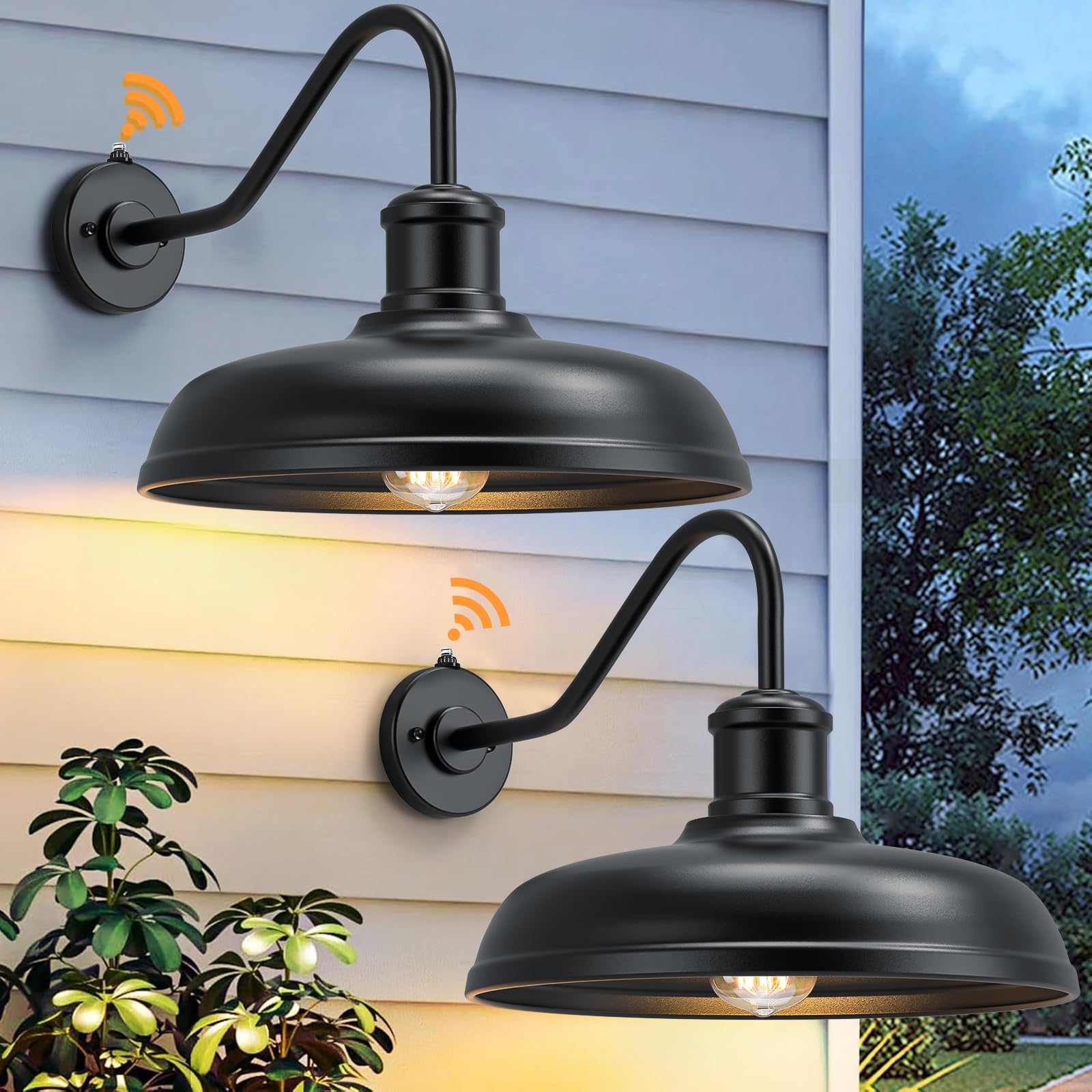 Photo 1 of 16 Inch Dome Dusk to Dawn Gooseneck Barn Light Outdoor, Large Farmhouse Exterior Light Fixture Wall Mount, Industrial Outdoor Wall Sconce Outside Lantern for House, Porch, Garage, Entryway, Black