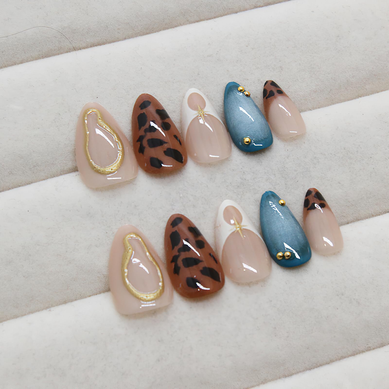 Jremg Press on Nails Medium Almond Fake Nails with Designs Brown Leopard French Tip Glue on Nails 3D Gold Star Charms Full Cover False Nails Blue White Gradient Stick on Nails for Women Girls 24Pcs - Image 4