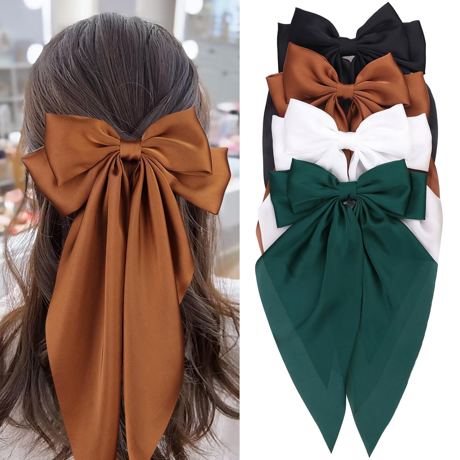 Kesfey 4 PCS Big Bow Hair Clips, Solid Color Hair Bows with Soft Long Silky Satin, French Hair Barrettes Hairpin for Women Big Bowknot(Black, White, Coffee and Green)