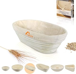 Amazy Gärkörbchen inkl. Anleitung mit Rezepten – Der ideale Gärkorb für Brotteig aus natürlichem Peddigrohr (oval | Ø 28 cm) – mit Leineneinsatz