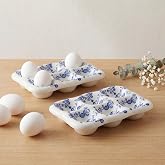 Ferrochef 2 Pcs Ceramic Egg Tray 6 Cups Chinoiserie Eggs Holder | Blue and White Porcelain Kitchen Counter, Table Fridge Storage Accessory Blue Floral Spring Decoration for Housewarming Gift