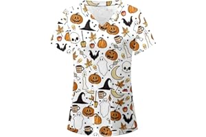 ARYAPYPER Halloween Scrubs for Women Plus Size Short Sleeve V-Ncek FUUNY Workwear Nursing Unifrom with Pocket S-5XL