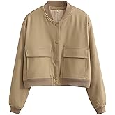 SCUSTY Women's Button Down Bomber Jacket Drop Shoulder Short Cropped Coat Outwear