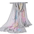 Herebuy - Unique Women's Floral Scarves: Chiffon Flowers & Birds Printed Scarf (Gray01)