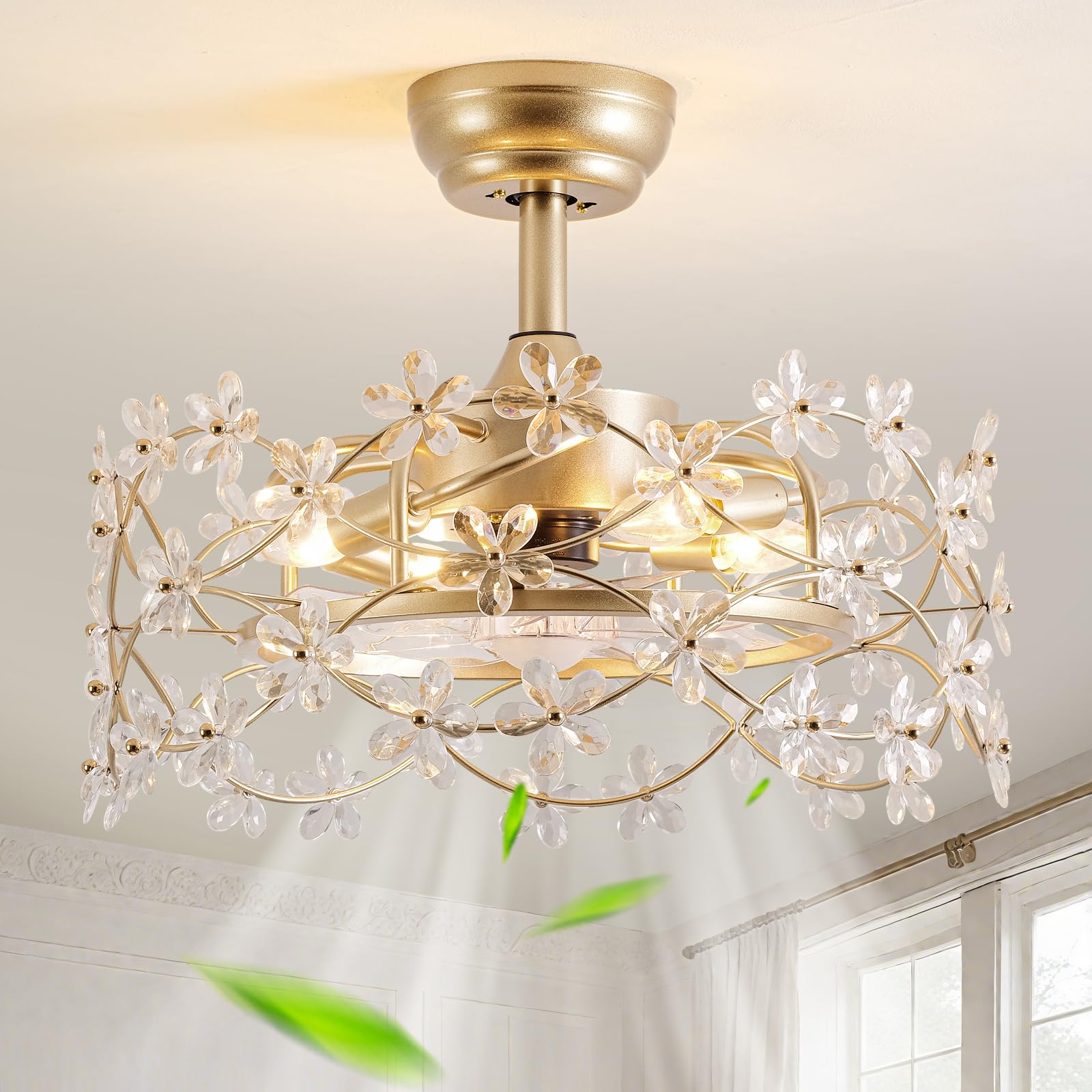 Photo 1 of CELAVIEIOP 20" Gold Fandelier Ceiling Fan with Light, Flower Crystal Chandelier Ceiling Fan with Light and Remote Control, Modern Caged Enclosed 6 Speeds for Girl's Bedroom, Nursery, Living Room