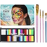 Water Activated Face Paint, Highly Pigmented Facepaint Makeup Kit, Quick-Drying Body Paint for Adults, Split Cake Face Paint with 4 Paint Brushes for Halloween, Easter, Parties