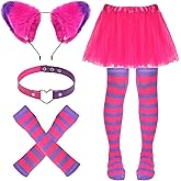 Pistha Pink and Purple Striped Cat Costume Accessories, Cat Ears Choker Tutu Skirt Gloves Socks for Halloween Cosplay