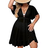 SWOMOG Plus Size Women Swimsuit Cover Up V Neck Short Sleeve Beachwear Bikini Bathing Suit Cover Summer Beach Dress