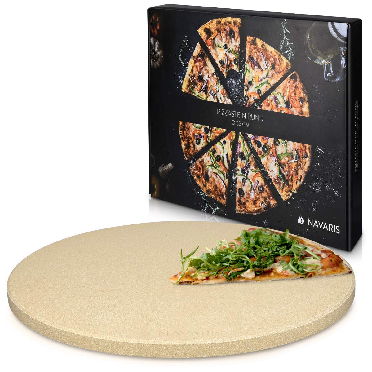 Navaris XXL Pizza Stone for Baking - Cordierite Pizza Stone Plate for BBQ Grill Oven - Cook Serve Bread, Cheese - Incl. Recipe Book - Round, 35x1.5cm