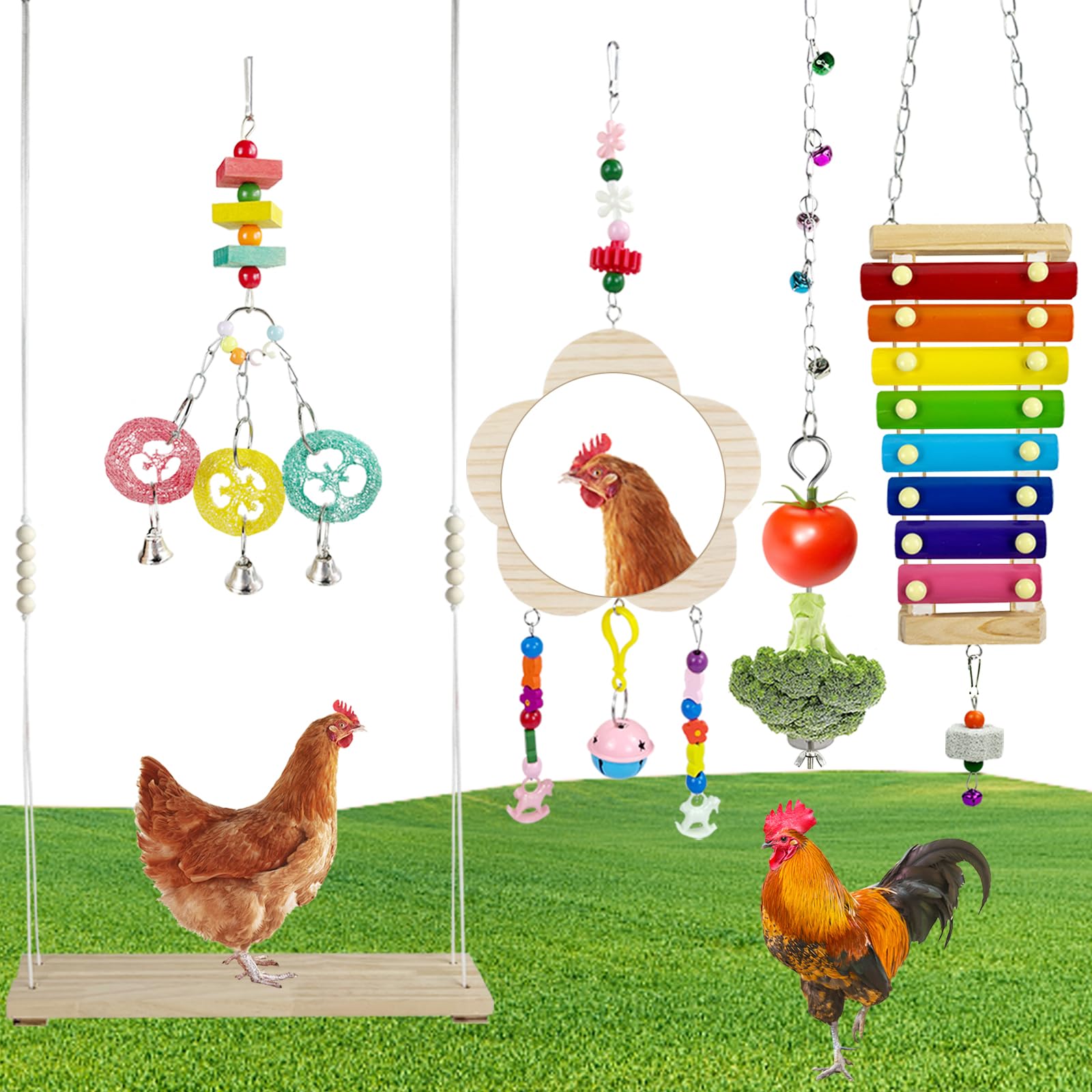 Chicken Coop Accessories - 5 PCS Set: Xylophone, Wooden Bridge, Mirror with Bells, Hanging Feeder