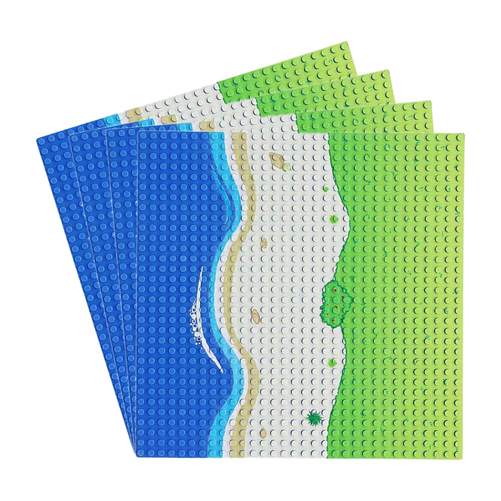 Feleph Classic Blue and Green Base plate for City Road Beach, Ocean Island Water Street Theme, 25 x 25 cm Compatible with Major Brands Building Bricks (Straight 4 Pieces)