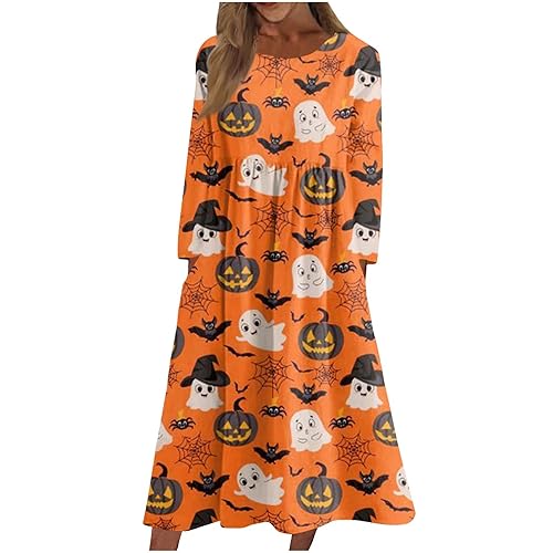 Halloween Dresses for Women 2023, Women's Fall Sweaters Clothes Dresses  2023 Wedding Guest Formal Women's Casual Round Neck Printed Midi Dress Long  Sleeve Pocket Dresses Looks Cute (L, Ginger) in Saudi Arabia |