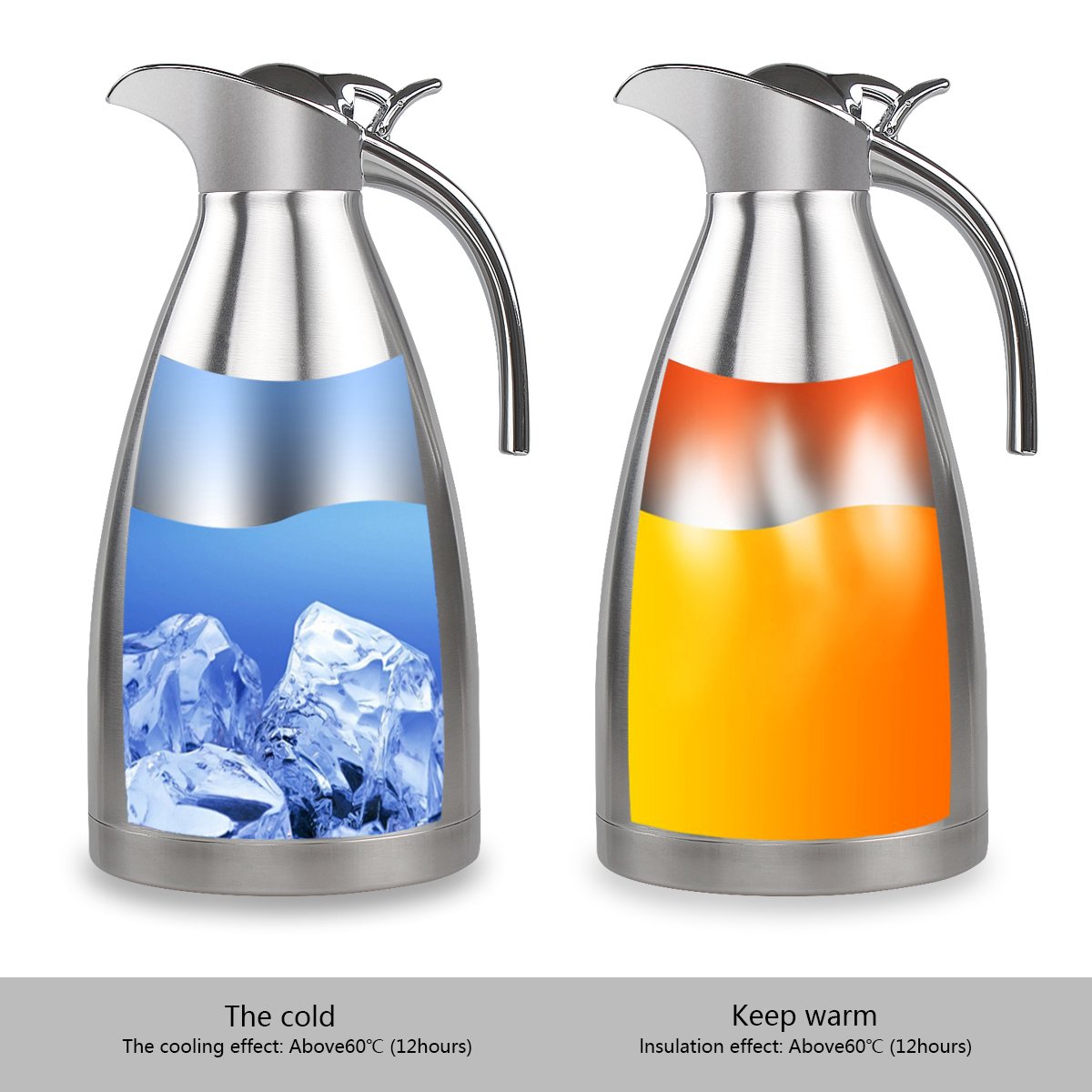 Pot de café - JUNING 2L Thermal Carafe Acier inoxydable à double paroi isolé Pile à thé / eau à grande capacité avec bouton de pression Argent