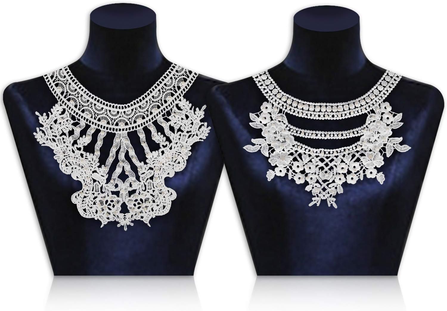 Lace Collar -Embroidered Lace Neckline Collar Floral for Women,2 Style White Faux Pearl Lace Neckline Applique Perfect for Wedding Dress/RBG/Judge Costume