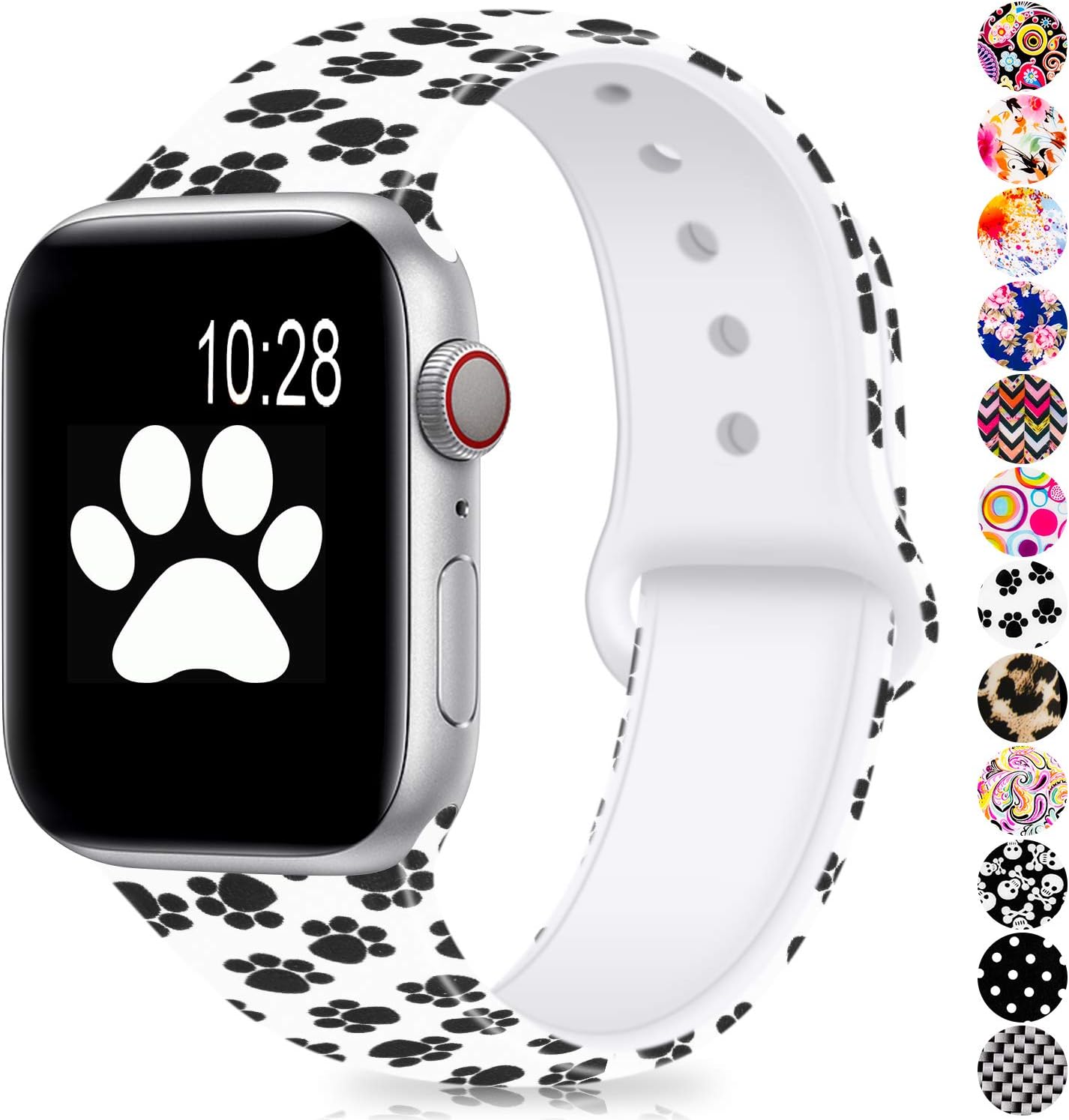 GeekSpark Compatible with Apple Watch Band 38mm 40mm 42mm 44mm,Soft Silicone Fadeless Pattern Printed Replacement Bands for iWatch Series 5,4,3,2,1/Women Men Paw 38mm 40mm S/M