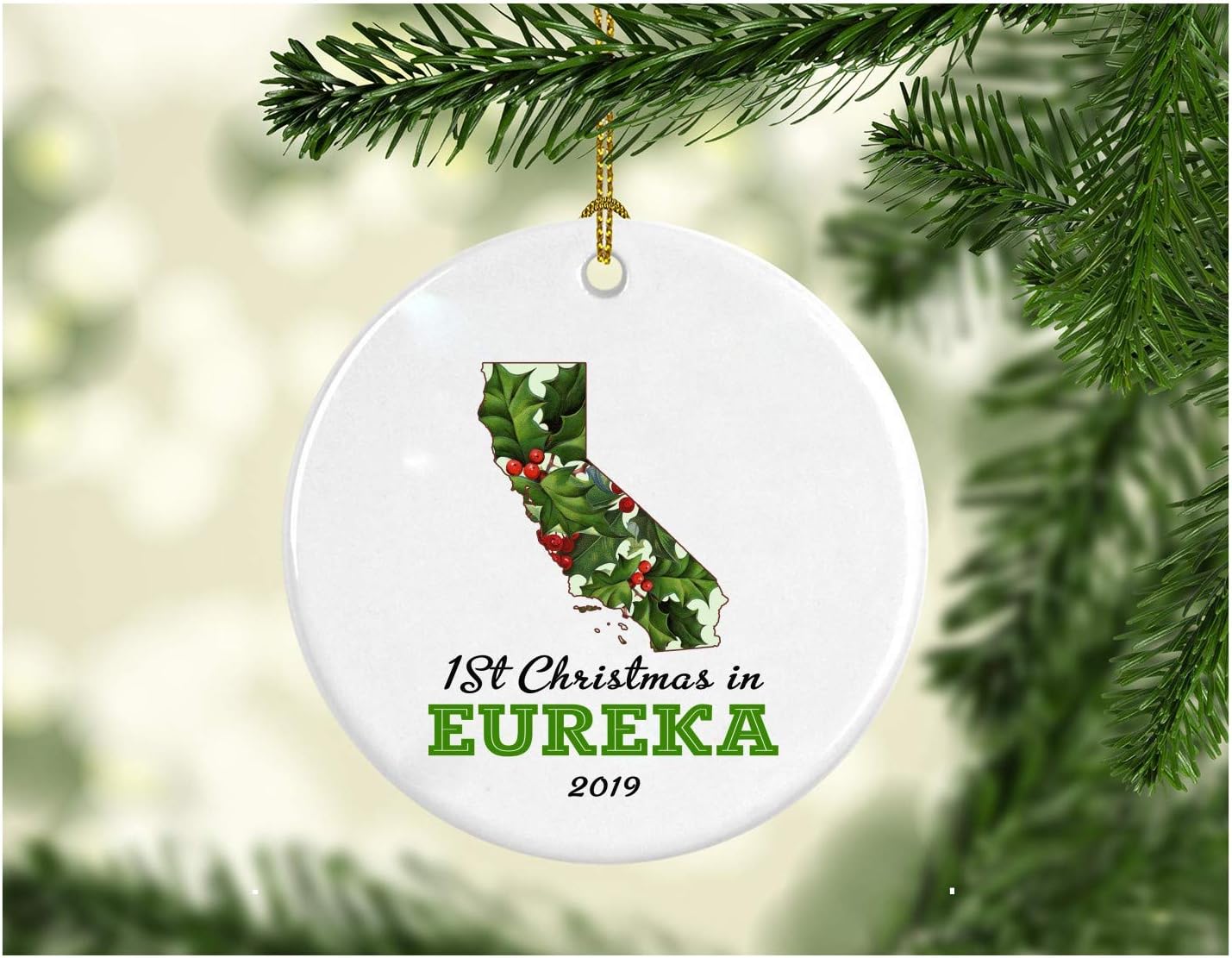 Christmas Holiday 2019 Ornament Collectible First 1st Season Living in Eureka California Christmas Ornaments Tree 1st Christmas in Our New Home 2019 Xmas Present Ceramic 3" White