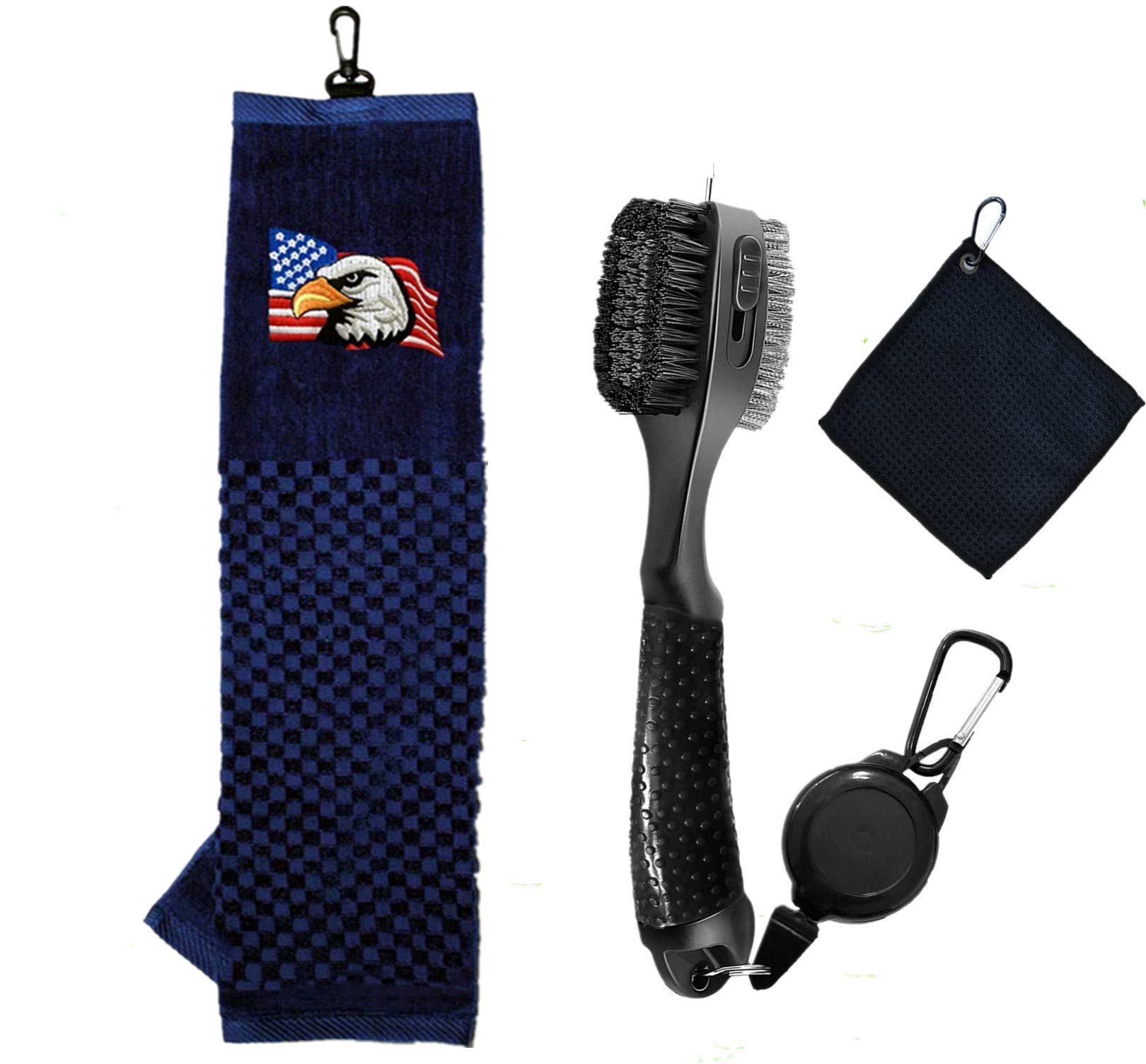 FINGER TEN Golf Towels for Golf Bag with Clip Golf Brush and 1 Pc Golf Ball Towel Value Set, Tri-fold Towel 16’’X 22" Embroidered Pattern for Men Women Golfer Sport Travel (USA Eagle Towel and Brush)
