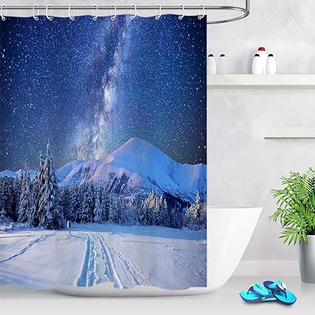 Lb Noël Rideaux De Douche 180x180cm Montagne Enneigéeciel étoilé Bleupins Rideaux De Bain Avec Crochetsimperméable Polyester Anti Moule Salle De
