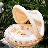 Baby Swimming Ring Inflatables with Detachable Canopy Sun Protection, Stripy Cartoon Float Seat with Handles for Boys Girls 40 lbs