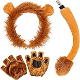 Lion Costume Set with Lion Ears Headband, Paw Gloves, and Tail, 3-Piece, Brown