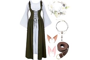 Vanderdyken 7 PCS Renaissance Dresses for Women Medieval Costume with Elf Ears, Necklace, Leather Belt, and Flower Crown