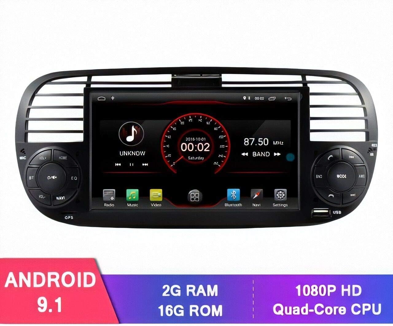 Wildd Navi 7" Android 9.0 Quad Core Car DVD Player Navigation for Fiat 500 500L with CarPlay Android Auto Rear View Camera Preinstalled Map (2GB+16GB Black)