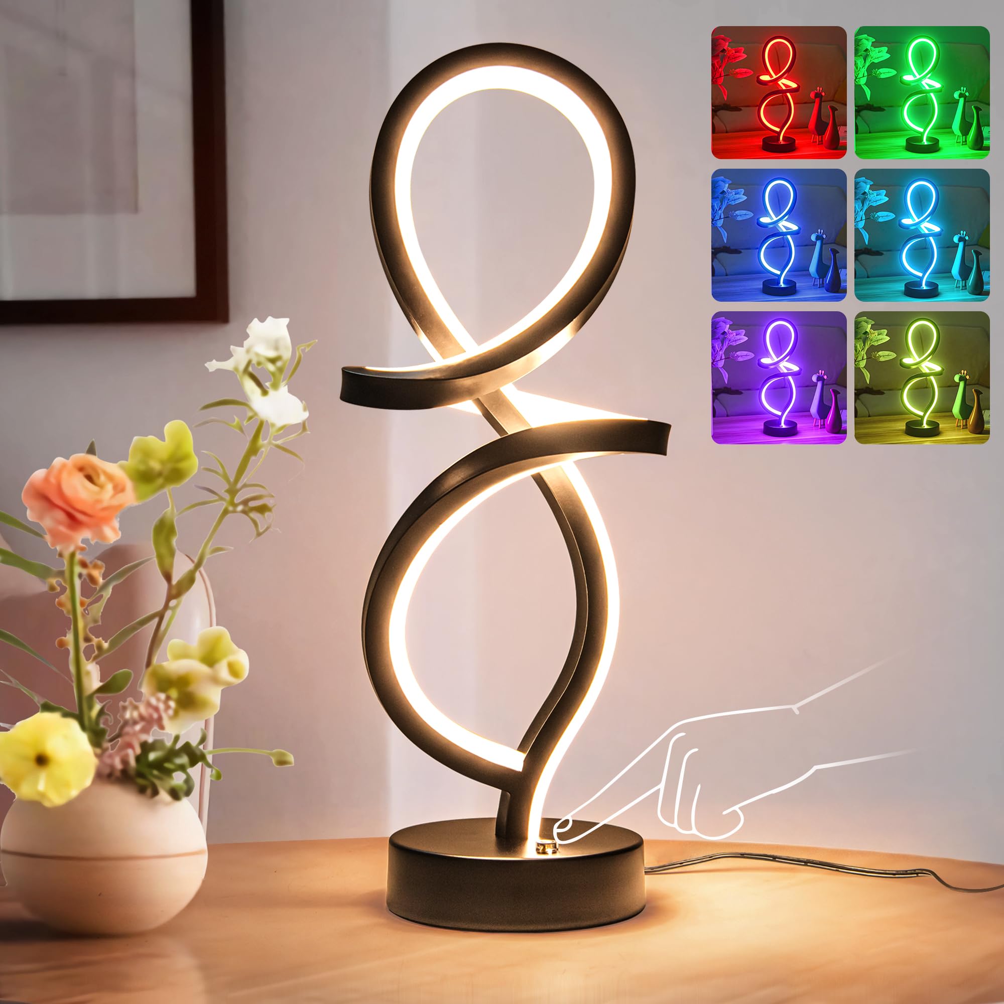 Photo 1 of Mayful Modern RGB Table Lamp with LED Spiral Design, Black Bedside Lamp & Nightstand Lamp, Touch Dimmable with 7 Colors & 10 Modes for Bedroom, Living Room, Home Office, 15W