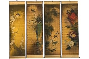 CIFIBIFUN 4-Piece Large Wall Scroll Hanging Painting Decor, Ancient Replica Vintage Flowers and Birds Paintings, Plum Orchid Bamboo Chrysanthemum Bird